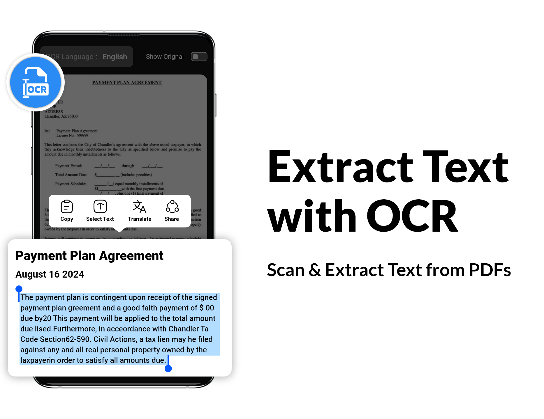 PDF Scanner extracting selectable text with OCR