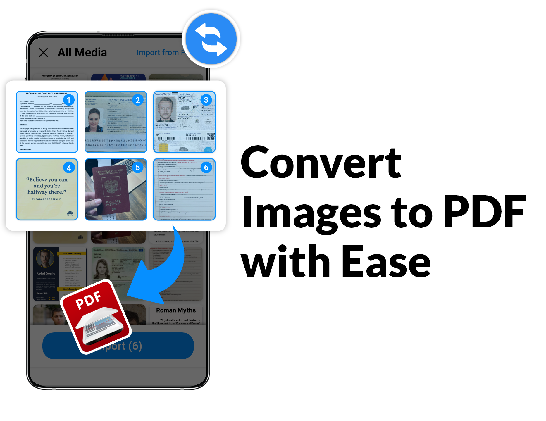 PDF Scanner selecting six images to convert into a PDF