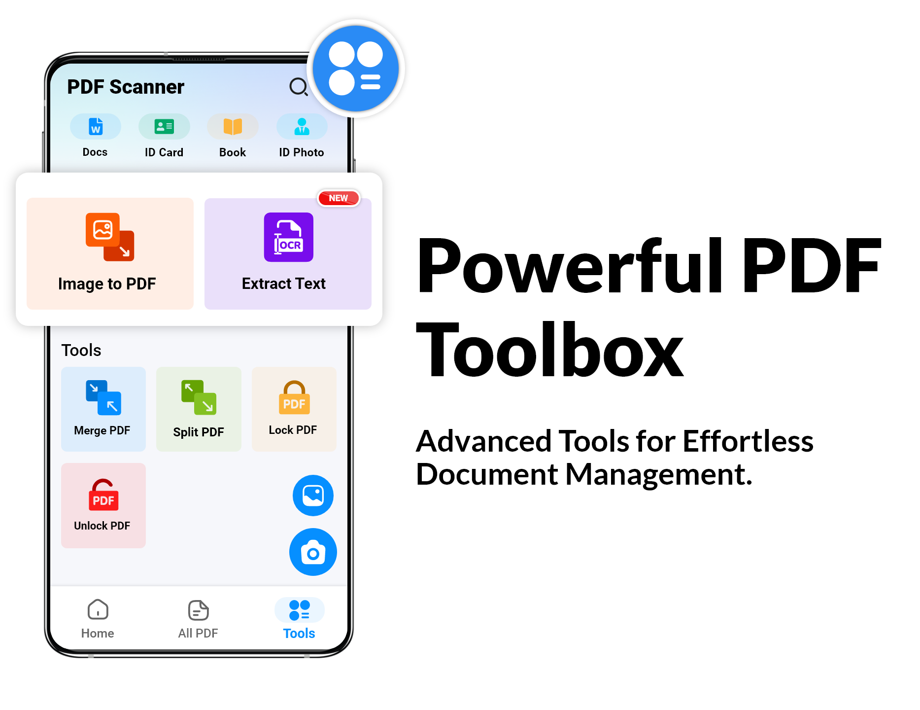 PDF Scanner toolbox with image to PDF, OCR, merge, split, lock, and unlock tools